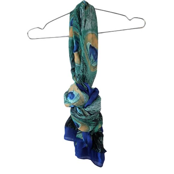 Silk Peacock Feather Print Scarf Green Blue Silk Wrap Shawl Lightweight Boho - Picture 2 of 8
